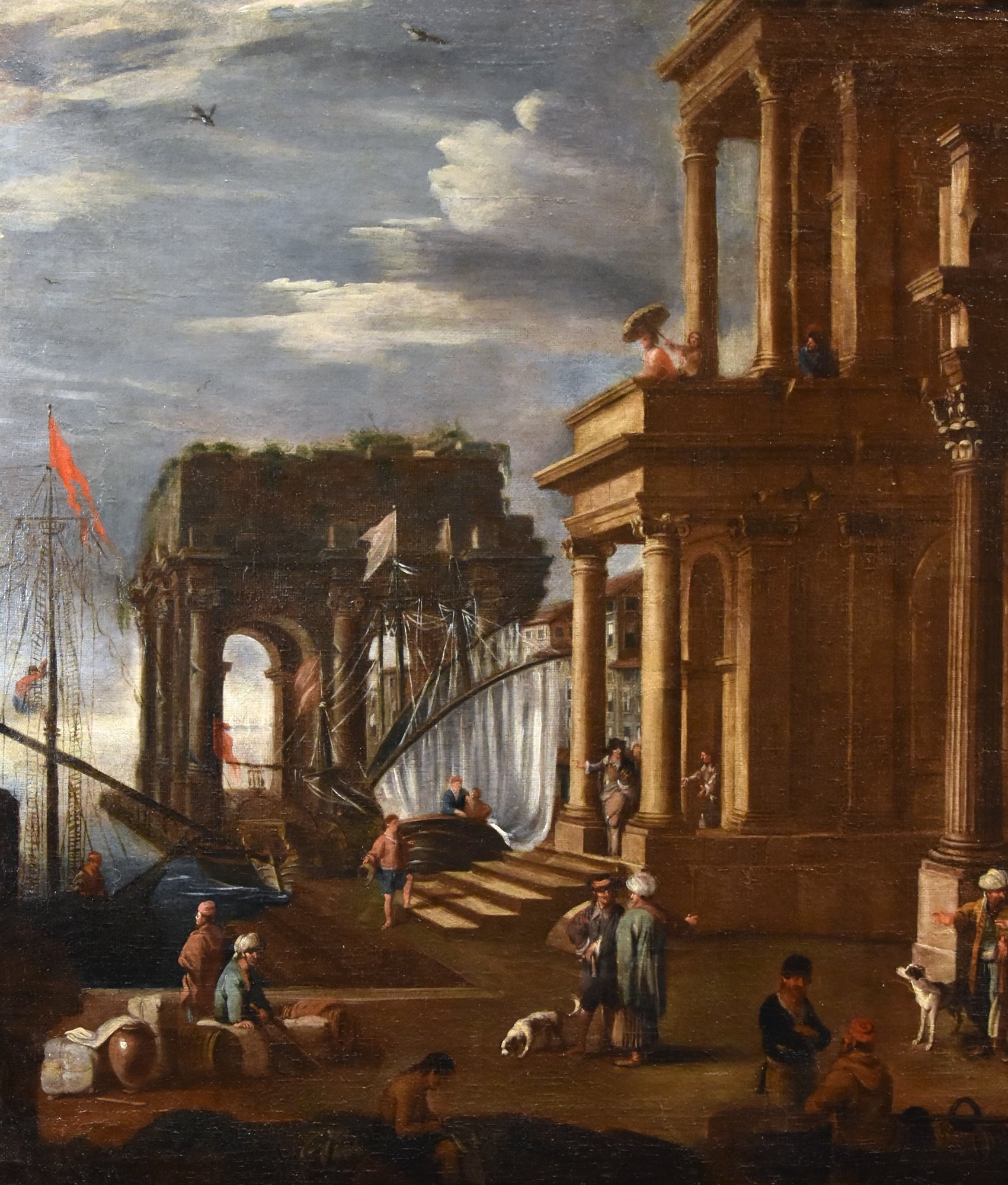 Veduta fantastica con porto e capriccio architettonico